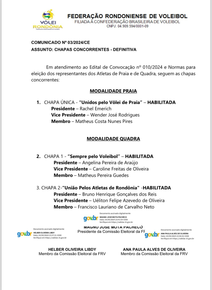 COMUNICADO Nº 03/2024/CE ASSUNTO: CHAPAS CONCORRENTES - DEFINITIVA - Federação Rondoniense de Voleibol