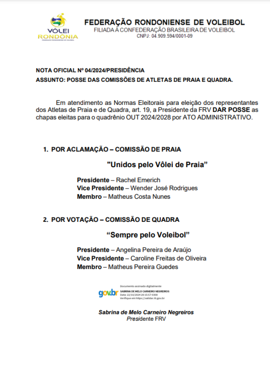 NOTA OFICIAL POSSE DAS COMISSÕES DE ATLETAS -  Federação Rondoniense de Voleibol